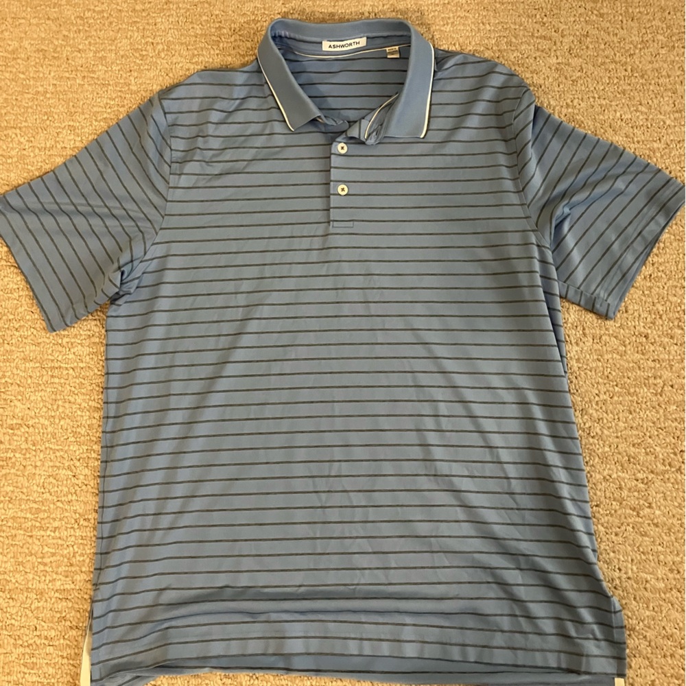Ashworth Men's Polo Shirt in Blue and Gray Stripes